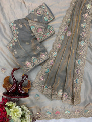 Beautiful Dual Color Soft Space Silk Sequence & Dori Embroidery Work Saree