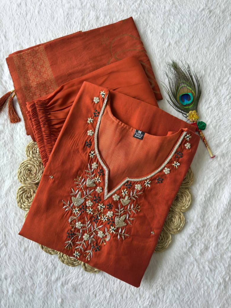 Beautiful Rust Orange Roman Silk Hand Work Dress Dharm Fashion Villa Beautiful Rust Orange Roman Silk Hand Work Dress Dharm Fashion Villa