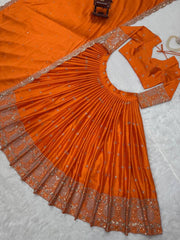 Beautiful Orange Satin Silk Thread With Sequence Work Lehenga Choli