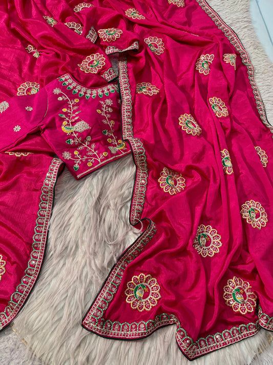 Beautiful Soft Chinon Silk With Heavy Coding Sequence Multi Work Saree With Stitched Blouse