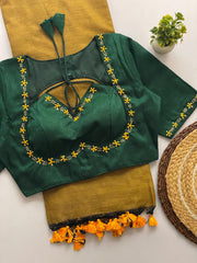 Beautiful Khadi Cotton Saree With Designer Stitched Blouse