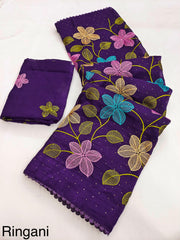 Party-wear Viscose Crunchy Silk Floral Design Embroidery Thread Work Saree
