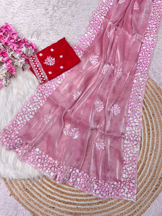 Beautiful Pure Jimmy Choo Satin Embroidery Work Saree