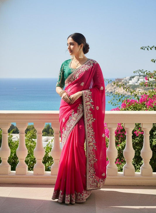 Beautiful Fendy Chiffon Silk Embroidery With Piping Border Saree