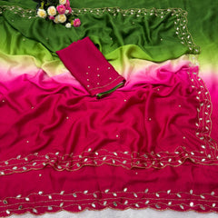 Beautiful Pure soft Chinon Peding Katdana Moti With Real Mirror Work Saree