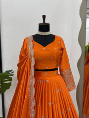 Beautiful Orange Satin Silk Thread With Sequence Work Lehenga Choli