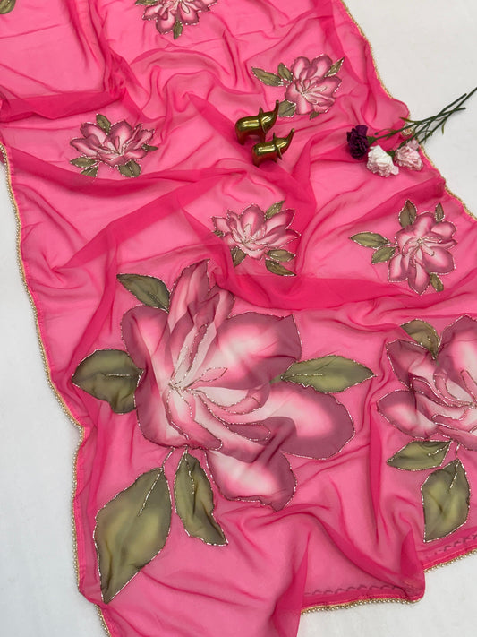 Beautiful Soft Weightless Chiffon Floral Digital Print & Embroidery Work Saree