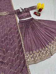 Festive Special Vichitra Silk Embroidery Thread & Sequence Work Lehenga With Stitched Blouse