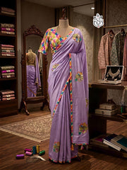 Beautiful Chinon Silk Embroidery & Handwork Saree With Stitched Blouse