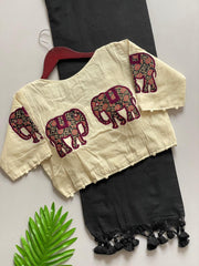 Beautiful Pure Khadi Cotton With Apllic Work Elephant Designer Blouse Saree
