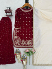 Elegant Ethnic Viscose Velvet Thread & Sequence With Pearl Work Suit