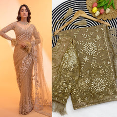 Party-wear Bollywood Blockbuster Net Multi Sequence Embroidery Work Saree