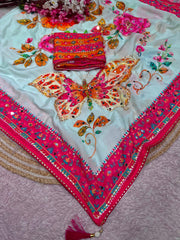 Beautiful Chinon Digital Printed With Real Mirror Work Saree