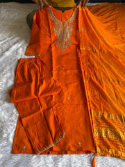 Beautiful Orange Roman Silk With Embroidery & Sequence Work Dress