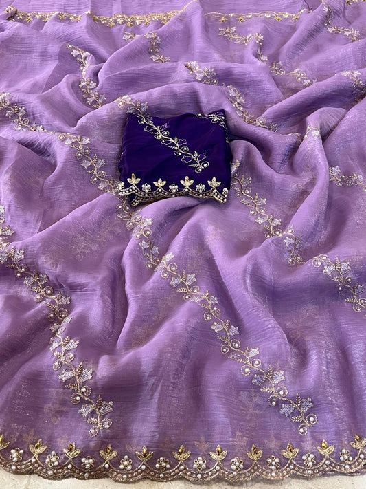 Party-wear Soft Crunchy Embroidery With Stone Work Saree