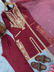 Designer Party-wear Natural Satin Silk With Embroidery Sequence & Coding Dori Work Suit
