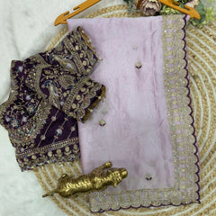 Beautiful Soft Rangoli Sequence Embroidery Work Saree With Stitched Blouse