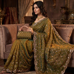 Party-wear Space Silk With Real Gold Beads With Cutwork Border Saree