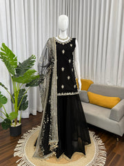 Festive Ready Black Palazzo Set With Fancy Lace & Embroidery Work