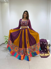 Navratri Special Rayon Silk Real Mirror Embroidery Work Lehenga With Stitched Blouse