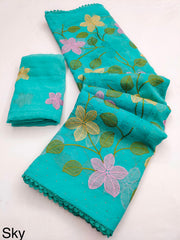 Party-wear Viscose Crunchy Silk Floral Design Embroidery Thread Work Saree