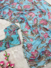Beautiful Georgetta Digital Printed Handwork Sequence Work Saree
