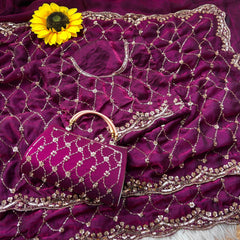 Party-wear Space Silk With Real Gold Beads With Cutwork Border Saree