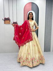 Festive Special Chinon Silk Embroidery Thread Sequence Work Lehenga With Stitched Blouse