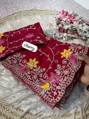 Beautiful Satin Chiffon Chainstiched Work Saree