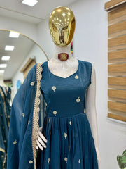 Designer Party-wear Gold Crazy Embroidery & Lace Work Suit