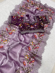 Beautiful Jimmy Choo Thread & Embroidery Work Designer Saree With Stitched Blouse