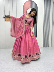 Festive Special Moss Shimmar Embroidery Thread & Pip Val Work Lehenga With Stitched Blouse