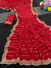 Beautiful Blooming Vichitra Silk Zari & Stone Work Saree