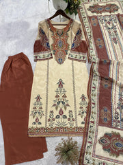 Beautiful Chinon Silk Mirror Work Printed Suit