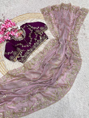 Beautiful Fendy Chiffon Coding & Sequence Embroidery Saree With Stitched Blouse