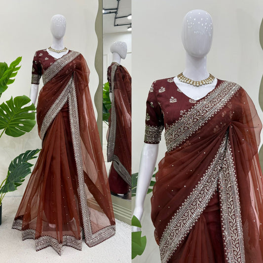 Party-wear Organza Thread & Sequence With Diamond Work Saree