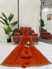 Trending Rust Fendy Silk Thread & Sequence Embroidery Work Saree