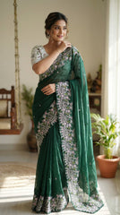 Beautiful Multi Sequence Embroidery With Work Saree