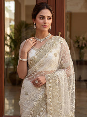 Party-wear Net Embroidery With Pearls Diamond Work Saree