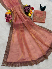 Beautiful Party-wear Satin Space Silk Zarkhan Diamond Work Saree