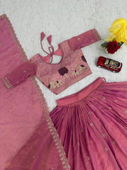 Festive Special Moss Shimmar Embroidery Thread & Pip Val Work Lehenga With Stitched Blouse