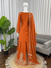 Beautiful Natural Crepe Thread With Sequence Work Suit