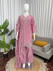 Elegant Natural Crep Thread Sequence Work Suit