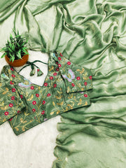 Beautiful Fendy Satin Zari Cut Work Saree With Moti Work Stitched Blouse