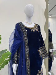 Beautiful Designer Viscose Velvet Thread With Sequence Work Suit