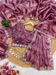 Trending Party-wear Soft Burberry Silk Embroidery & Real Mirror Hand Work Saree