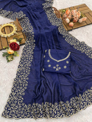 Party-wear Heavy Blooming Vichitra Silk Embroidery Work Saree