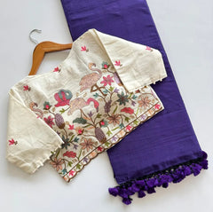 Beautiful Khadi Cotton Saree With Heavy Embroidery Work Stitched Blouse