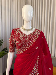 Trending Designer Cherry Red Fendy Silk Beads Thread & Sequence Work Saree