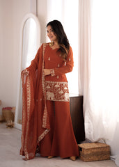 Trendy Rust Crunchy Silk Embroidery Sequence Work Sharara